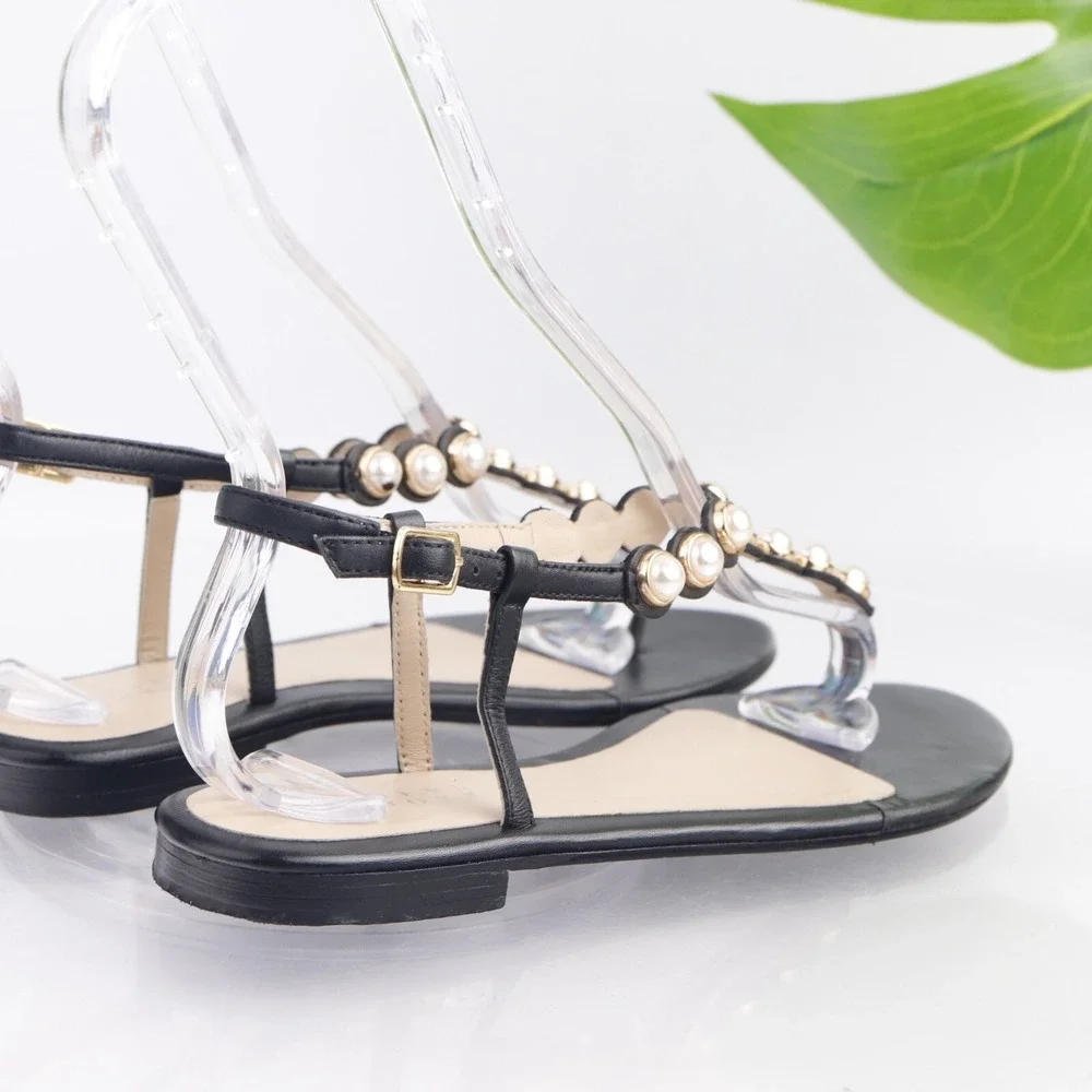 Barneys New York Women Sandal Size 37 6 Black Leather Pearl Thong Slingback Flat